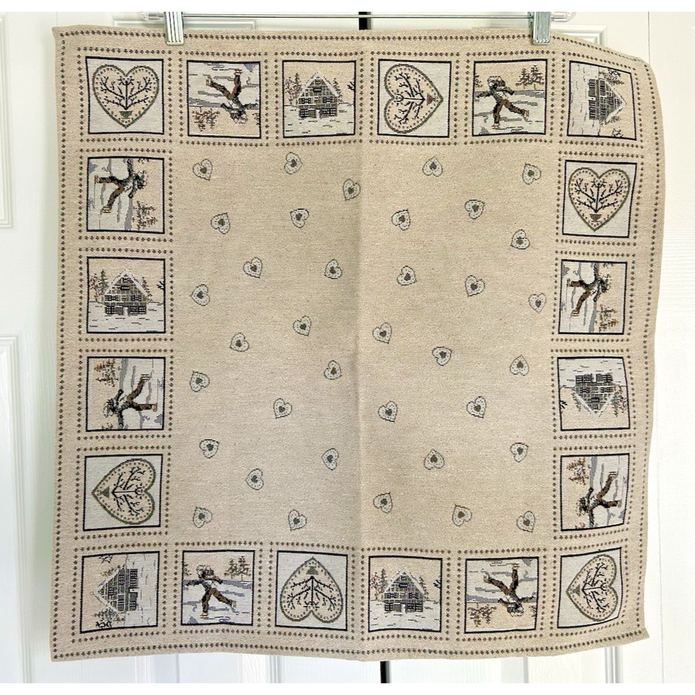 Textile Tapestry Winter Scene Skater Cabin Hearts Tabletop or Wall Hanging TUKAN
